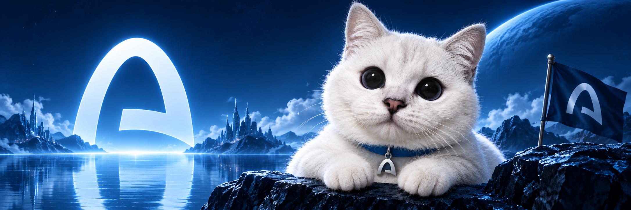 White Coffee Cat in the ARC universe — luminous arch over reflective blue water