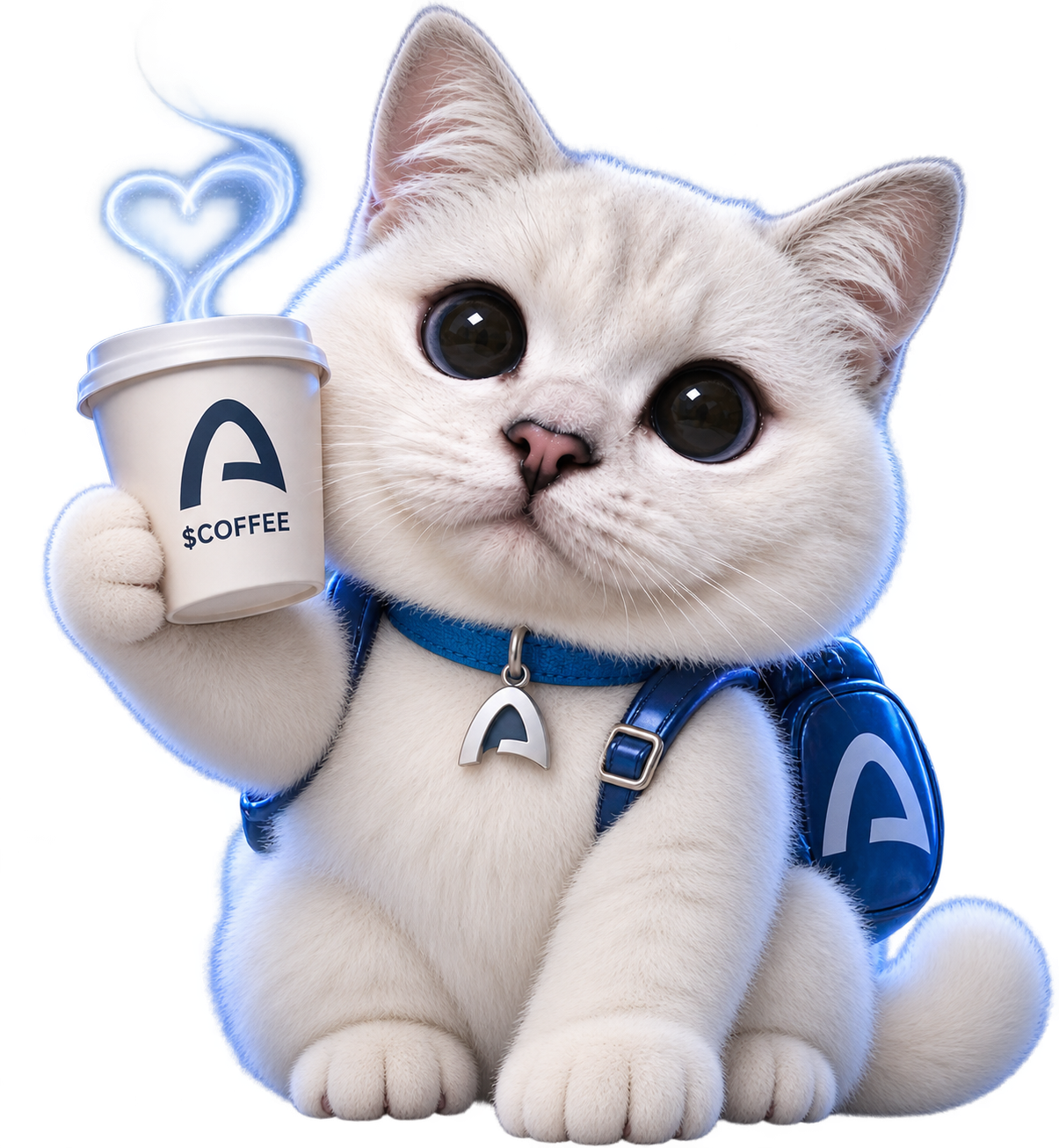 White Coffee Cat — plush white fur, huge black eyes, blue collar with ARC pendant